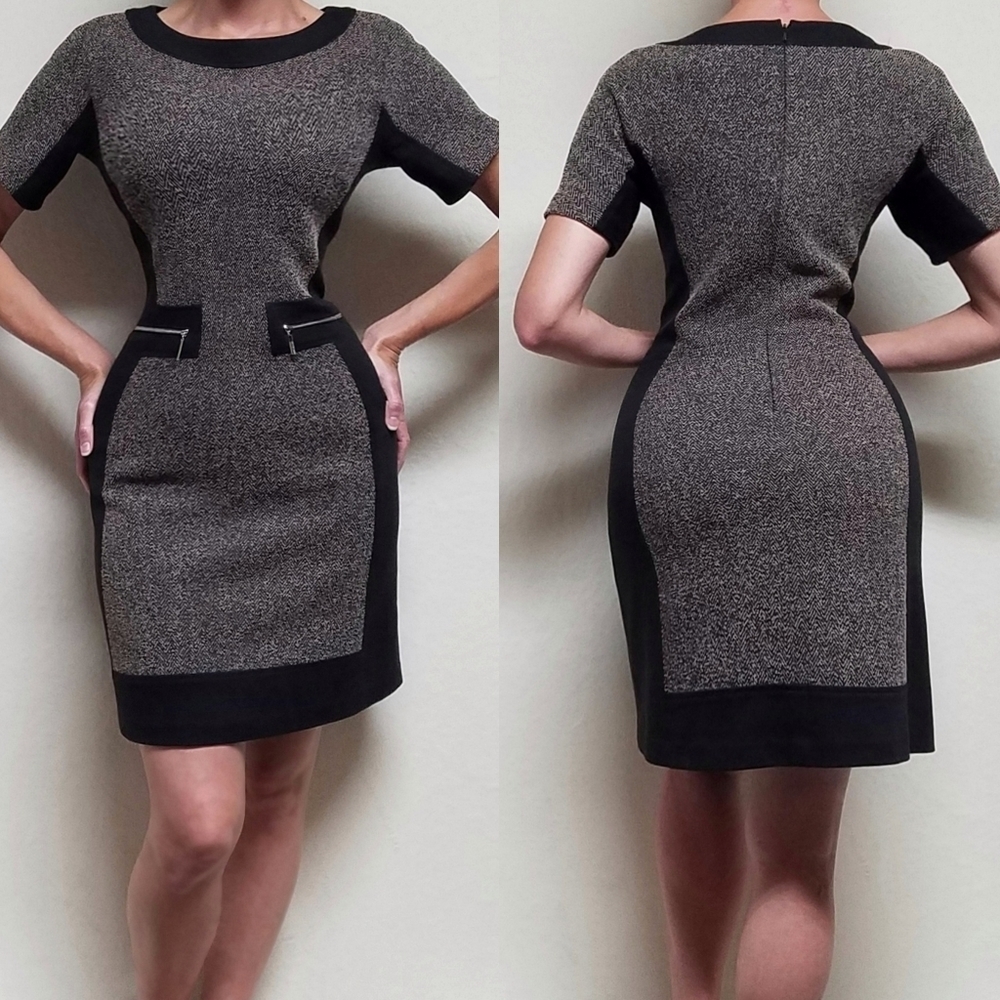 Vintage Anne Klein Herringbone Tweed A-line Short Sleeve Sheath Dress 6